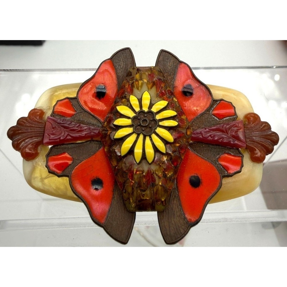 Vintage Brooch Lucite Copper Plastics Butterfly Flower Reversible Design 3" OOAK